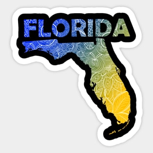 Colorful mandala art map of Florida with text in blue and yellow Sticker